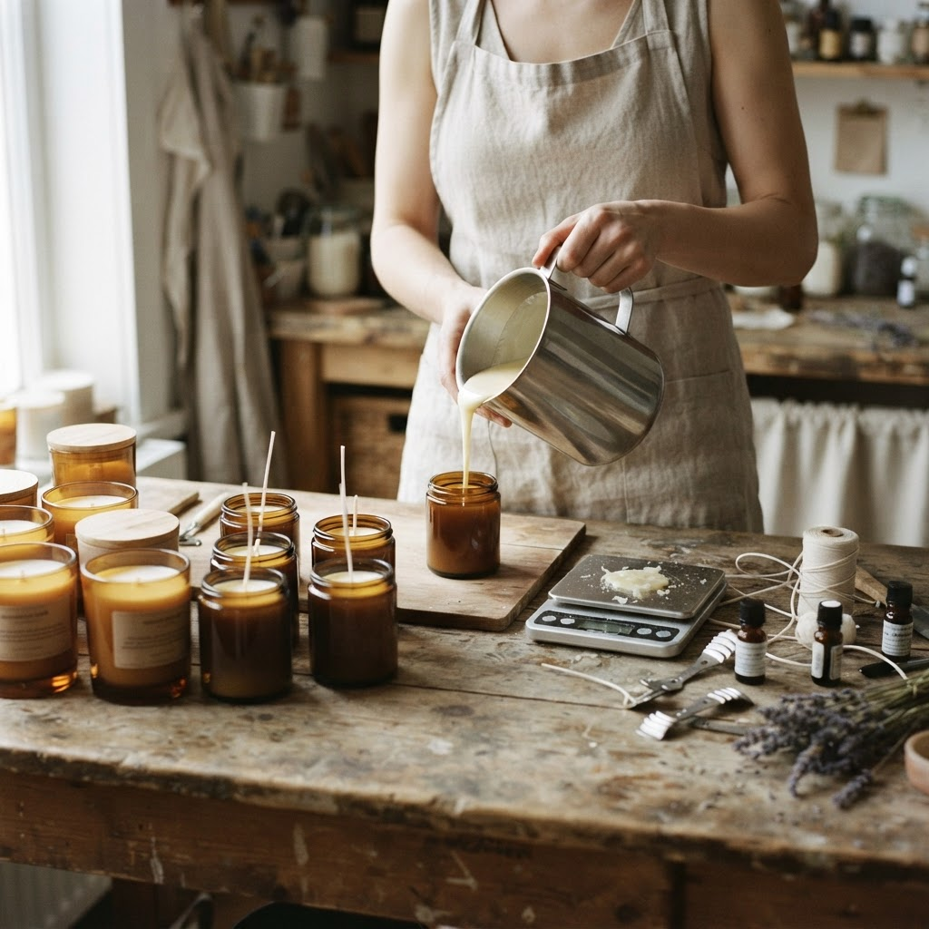 A candle maker pouring melted wax into an amber glass jar beside a scale, cotton wicks, and dried botanicals on a wooden workbench
